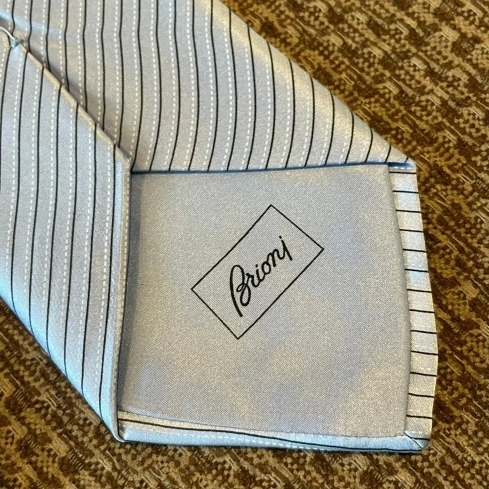 Brioni Necktie Mens Light Blue Silver Striped Silk Italy Wedding Luxury Formal